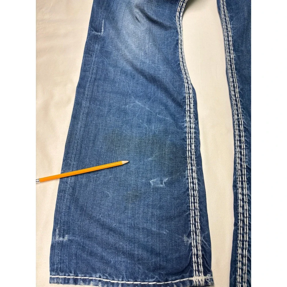 True Religion Straight Flap Natural Super QT Blue Jeans Mens 42X33 Thick Stitch